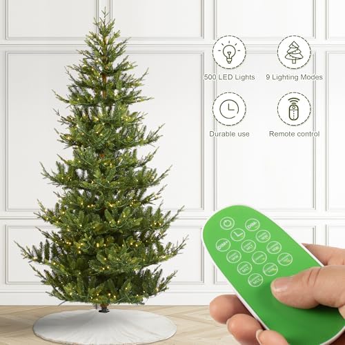 Glitzhome 7.5ft Prelit Christmas Tree, Artificial Christmas Tree with 500 Warm White and Multi-Color LEDs, Green Upward Slim Fir Xmas Tree, Vibrant Ascend Evergreen w/Metal Stand and Remote Control