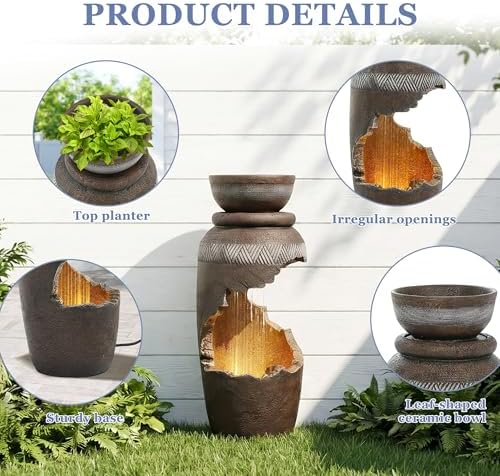 Grepatio Outdoor Water Fountain with LED Light, Tiered Urn Water Fountain with Planter, 30" H Large Outdoor Cascading Fountains with Waterfall for Garden, Yard, Deck Decor with Cracked Urn Look