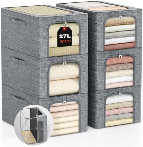 GoMaihe Baby Clothes Storage Bins with Metal Frame 27L 6-Pack Grey
