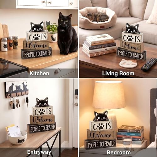 Lineshading 4 Pcs Cat Wooden Sign Set, Farmhouse Tiered Tray Decor