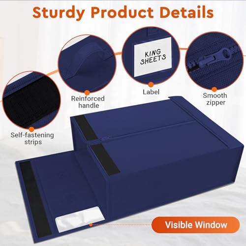 StorageTastic 8 Pack Bed Sheet Closet Organizers and Storage,Sturdy Foldable Storage Containers with Window and Label,Storage and Organization for Bedding Sheets,Duvet Covers,Blankets (Blue)