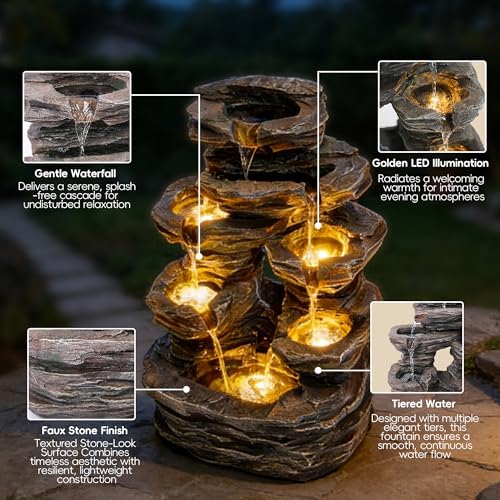 7-Tier Cascading Outdoor Fountain with LED Lights, 23 inch H Fountains and Waterfalls Stone-Look for Garden, Patio, Yard Decor