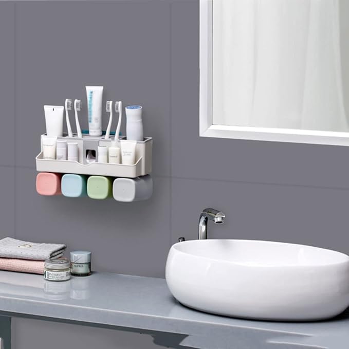 Toothbrush Rack Wall Mounted Toothbrush Holder No Punch Bathroom Shaver Storage Rack with Mouthwash Cup, Toothpaste Squeezer Kit Bathroom Toothbrush Holder(A)