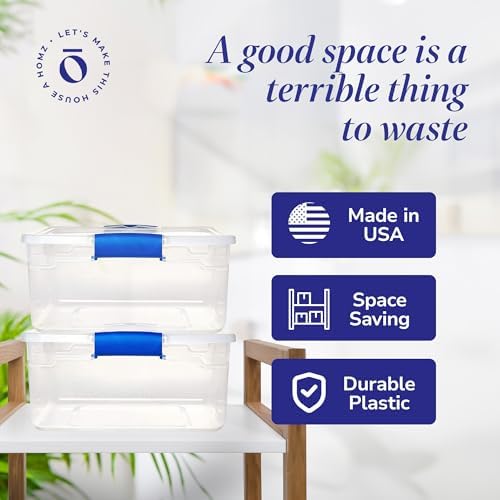 HOMZ Clear Plastic Storage Bins with Latching Lid, 15.5 Qt, Blue, 4 Pack