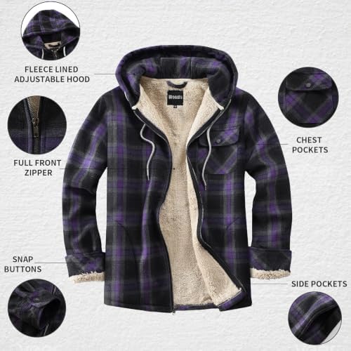 Elesuit Men's Full Zip Fleece Flannel Jacket Shirt Plaid Cotton Hoodie Coat