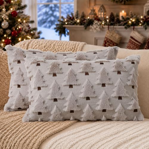 Allorry Christmas Pillow Covers 12x20 inch Set of 2 Grey Christmas Decorations Soft Plush Faux Fur Wool Christmas Tree Throw Pillow Cases Winter Holiday Decor for Sofa Living Room PT002I12