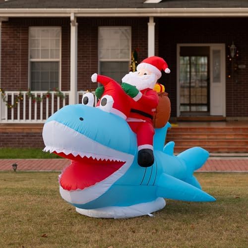 8.8FT Inflatable Santa Riding Shark with LED Lights for Yard