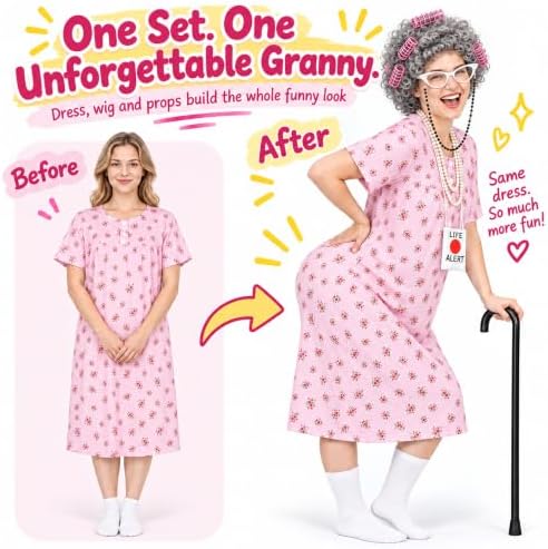 Old Lady Costume for Women, Grandma Dress Up Set for Halloween