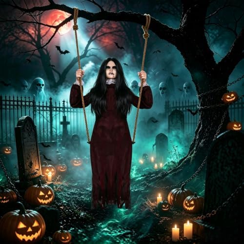 PARTYGEARS Halloween Decorations Props Hanging Swinging Girl with Creepy Expressions, Hanging Ghosts The Best Indoor and Outdoor Scary Decorations for Halloween(Red)