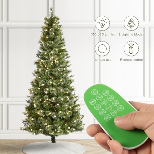 Glitzhome Prelit Christmas Tree, 7.5ft Artificial Green Christmas Tree Charming Cashmere Slim Pine with 350 Warm White and Multi-Color Globe LED Lights, 9 Function w/Foot Pedal and Remote Control