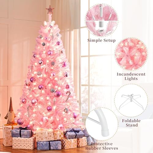 Yaheetech 7.5ft Pre-lit Christmas Tree with 550 Warm White Lights, Pink