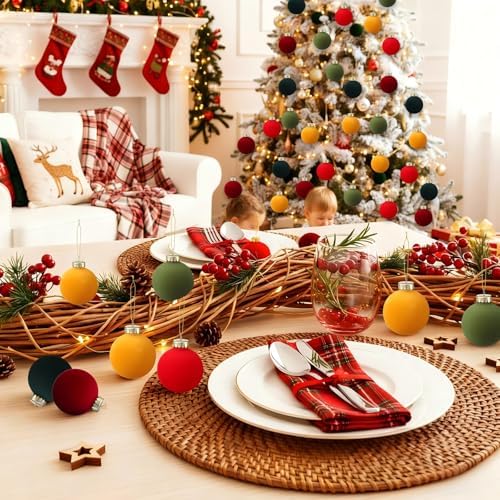 Gemscream 30 Pcs Velvet Christmas Balls, 3.15" Flocked Blue Ornaments, Red