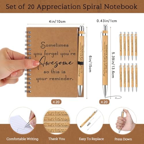 Honoson 20 Sets Inspirational Spiral Notebooks with Bamboo Pens