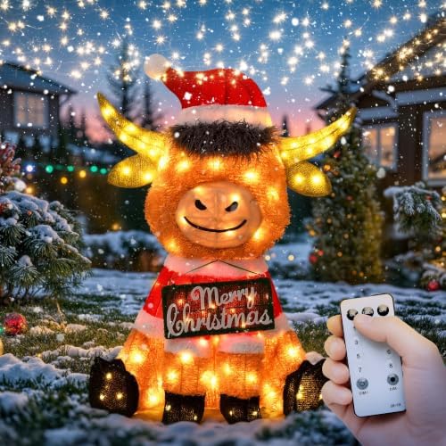 3D Lighted Highland Cow Outdoor Christmas Decor with Timer&Remote Control