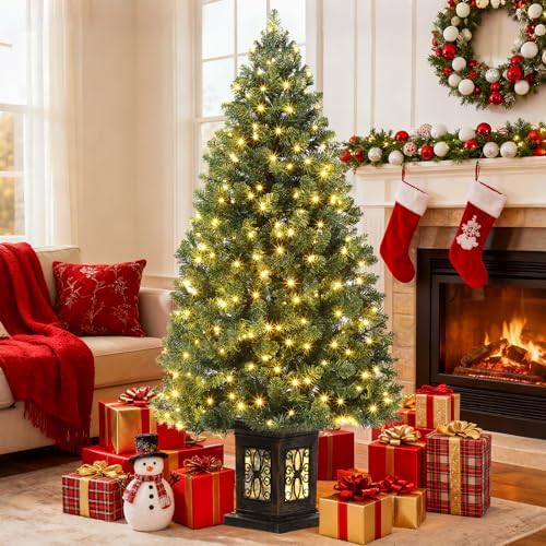GarveeHome 4.5 Ft Artificial Fiber Optic Christmas Tree, Pre-Lit Artificial Potted Xmas Tree with 300 Led Lights, 8 Lighting Modes, Includes Antique Urn Base, 1 PCS