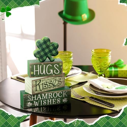 Lineshading 4 Pcs Shamrock Wooden Block Signs for Tiered Tray Home Decor