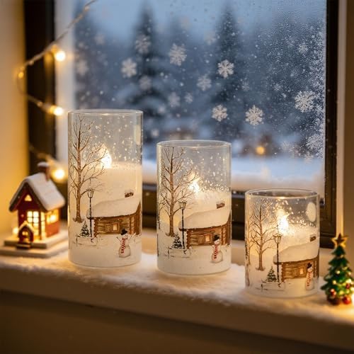 Snowman Glass Flameless Candles Battery Operated with Remote and Timer Real Wax LED Flickering Pillar Candles White Cold Light Window Christmas Holiday Decor D3 x 4",5",6"