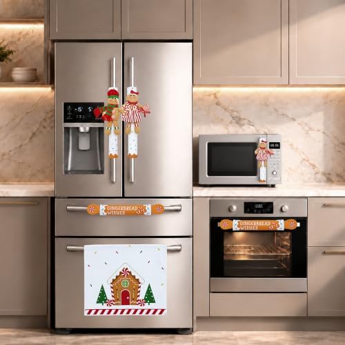 Mosoan Christmas Decorations Indoor Set of 4 Christmas Refrigerator Fridge Door Handle Covers, Gingerbread Man Christmas Kitchen Decor Appliance Handle Covers Decorations Xmas Holiday Decor