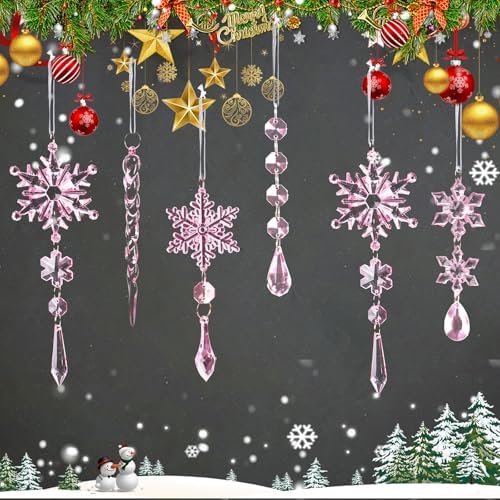 Crystal Christmas Tree Ornaments, Pink Acrylic Snowflake & Icicle, 32pcs
