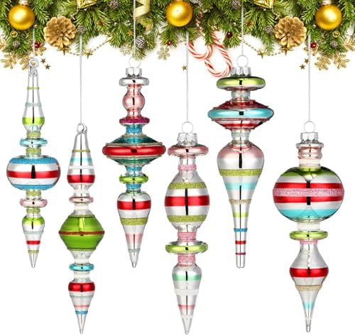 Soulchen 6 Pcs Vintage Glass Finial Christmas Ornaments Classic 6-6.8 Inch