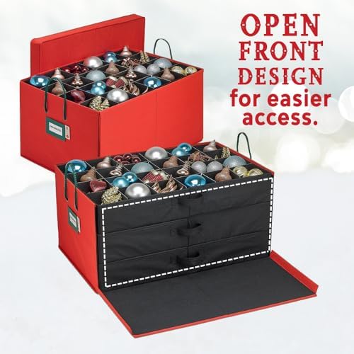 HOLDN’ STORAGE Christmas Ornament Storage Box with Dividers, Holds Up to 72 Ornaments (4 Inches), Large Organizer with 3 Stackable Trays - Red