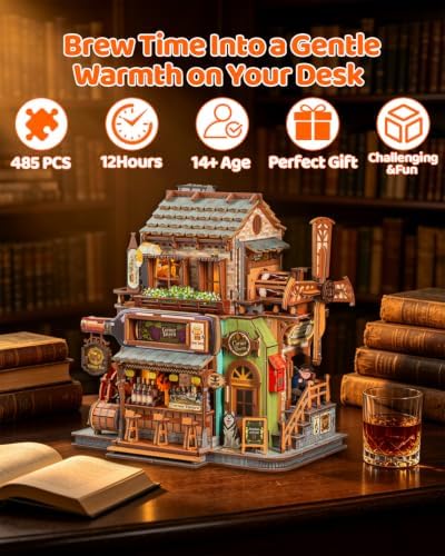 OZJAY Corner Tavern DIY Miniature House Kit, 3D Wooden Puzzle for Adults