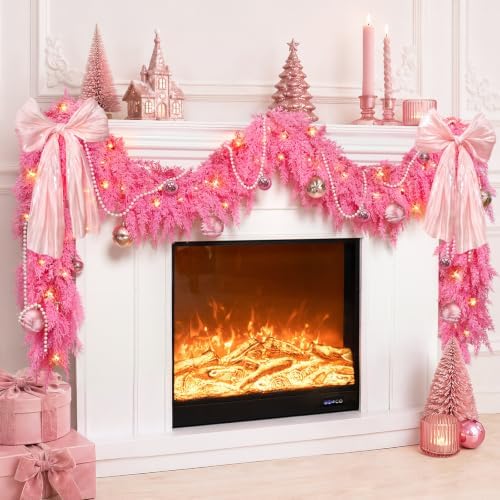 9FT Pink Christmas Garland with Lights Bow Decor Soft Preit Cedar Garland