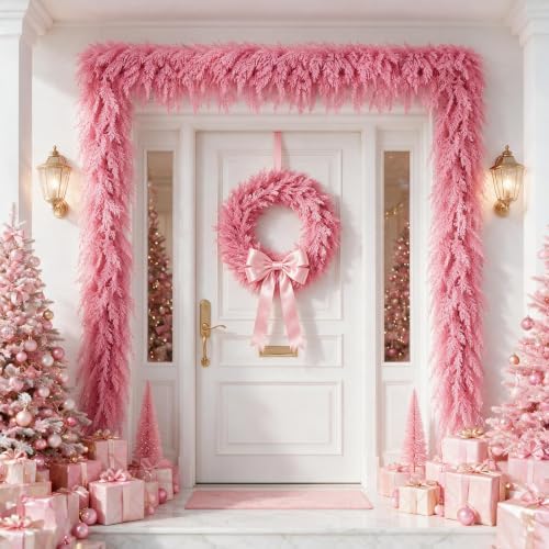9FT Pink Christmas Cedar Garland, Realistic Artificial Garland, Soft Pastel Xmas Decorations Indoor Outdoor, Faux Holiday Garland for Mantle, Fireplace, Table, Door, Wedding Party Decor