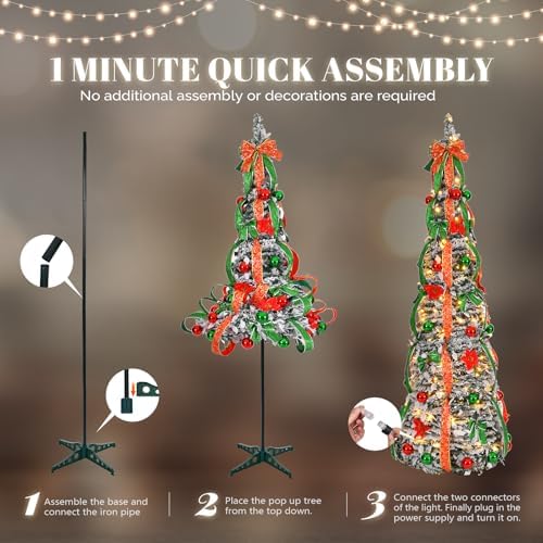 VINGLI 6ft Pre-Lit Pop Up Christmas Tree with 150 Lights, Fully Decorated Flocked Pencil Collapsible Tree for Holiday Party Decorations (Red & Green)
