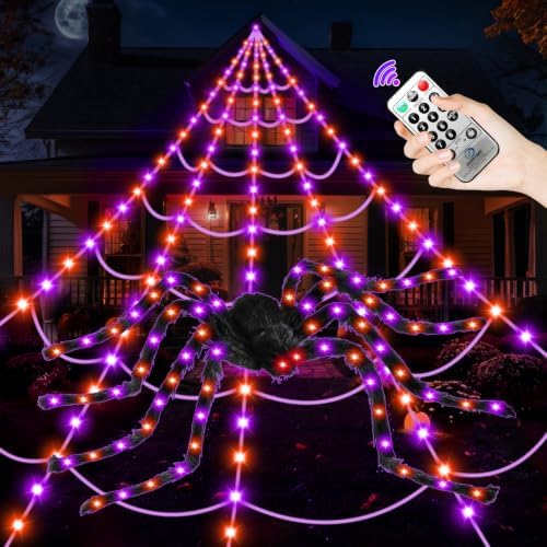 Halloween Decorations Outdoor, 250 LED Halloween Giant Spider Web Lights, 200" Lighted Spiderweb Light up with 8 Modes for Yard Haunted House Decor, Remote Control Lighted Spider Dark Purple Orange