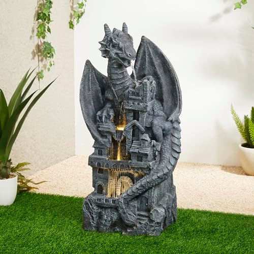 Glitzhome 37"H 4 Tiers Resin Waterfalls Water Fountain, Mystical Gothic Dragon Perched Atop The Castle Sculptural with Pump & LED Light Indoor Outdoor Floor Fountain for Garden Patio Backyard Decking