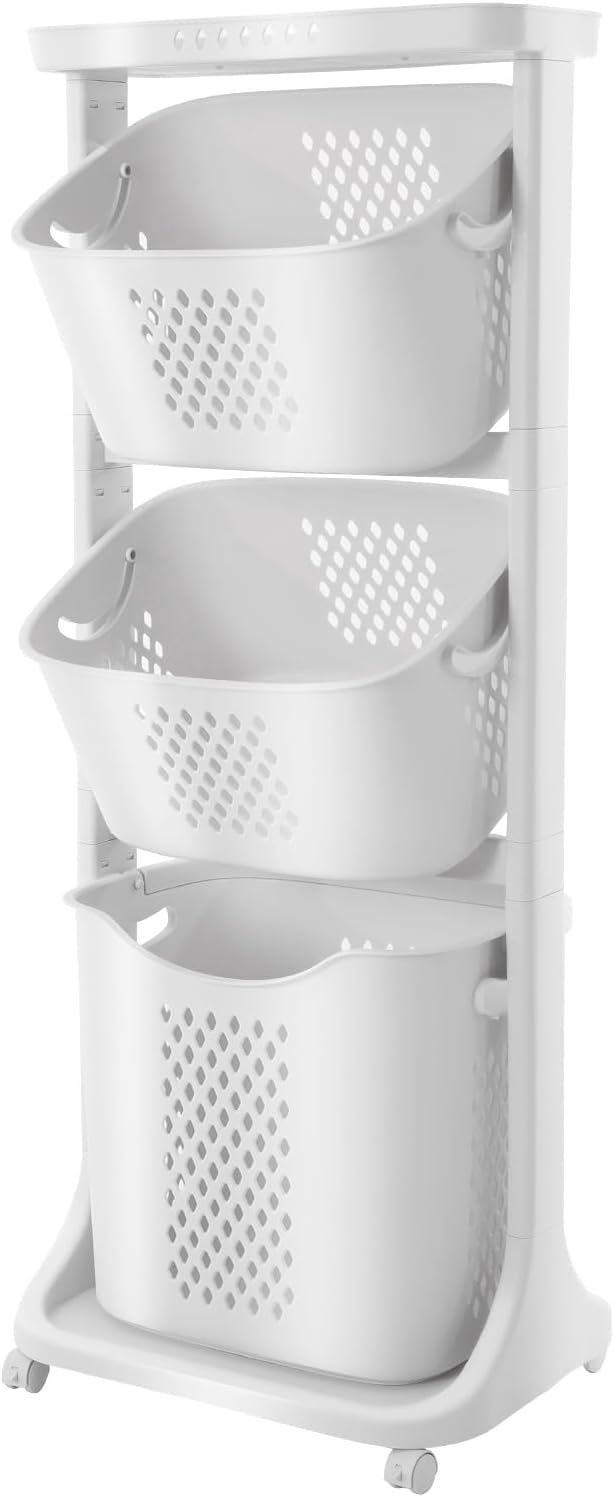 3 Tiers Rolling Laundry Hamper Cart, Laundry Baskets with Wheels, Clothes Washing Storage Basket for Kitchens, Bathrooms, Bedrooms, Laundry Rooms
