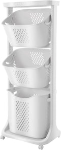 Clothes Hamper 3 Tier Rolling with Top Shelf, PP Plastic Laundry Sorter with Wheels, 3 Section Basket Organizer with Lockable Wheels, Tall Storage Basket for Bedroom Bathroom