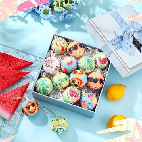 Outus 16 Pcs Summer Tree Ornaments Ball Hawaiian Style Ball Mini Summer Christmas Hanging Decoration for Tree Watermelon Tropical Leaf Coconut Palm Farmhouse Home Fireplace Holiday Party Decor