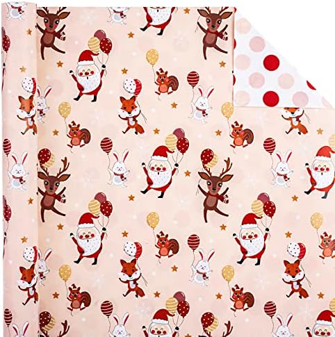 WRAPAHOLIC Reversible Christmas Wrapping Paper - Mini Roll - 17 Inch x 33 Feet - Red and Pink Dancing Santa Claus Reindeer and Colorful Polka Dots Design for Christmas, Holiday, Party