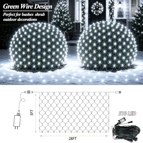 Lovelite 510LED Christmas Net Lights, 28ft x 5ft Net Lights Outdoor 8 Modes, Waterproof Connectable String Lights Green Wire Plug in for Xmas Tree Bushes Garden Holiday Party Decor - Cool White
