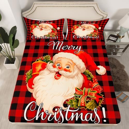 Santa Claus Bed Sheet Set Kids Black and Red Square Sheets Set 4pc Xmas Theme Microfiber Soft Bedding Set,1 Flat Sheet,1 Deep Pocket Fitted Sheet,2 Pillow Cases（King Size）