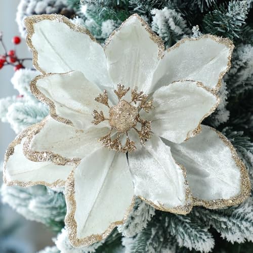 Thiccywoov 8 Pack Large 12'' Christmas Velvet Magnolia Flowers, White