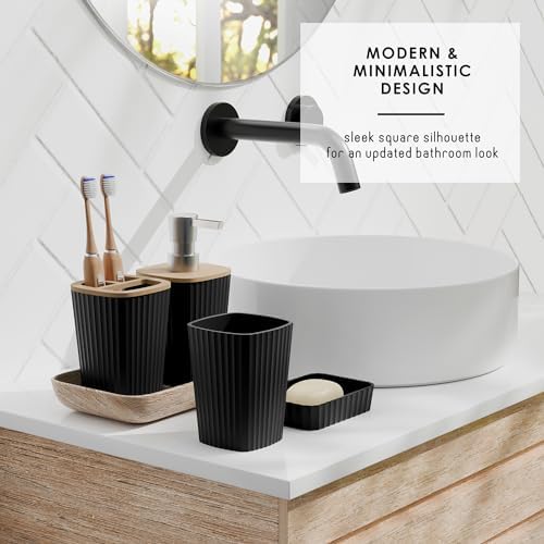 Clara Clark Bathroom Set - Black Bathroom Accessories Set, 6PC Bathroom Accessory Set, Bathroom Sets with Adhesive Corner Shower Caddy Hanging, Toilet Brush, Trash Can & Soap Dispenser
