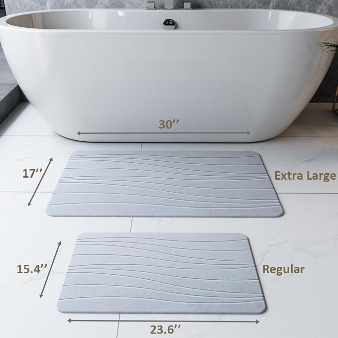 Extra Large Stone Bath Mat, 30'' x 17'' Diatomaceous Earth Non-Slip Stone Shower Mat, Super Absorbent Diatomite Stone Mats for Bathroom White XL Flow