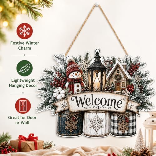 Christmas Decorations - Winter Snowman Welcome Wooden Sign for Front Door