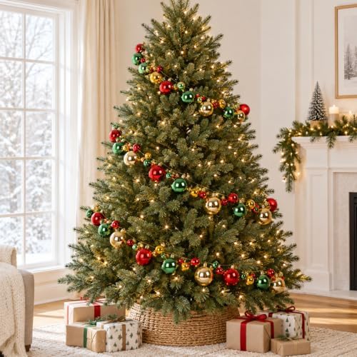 Whaline 2Pcs Christmas Ball Garland, Shatterproof, Red Green Gold, 6 Ft