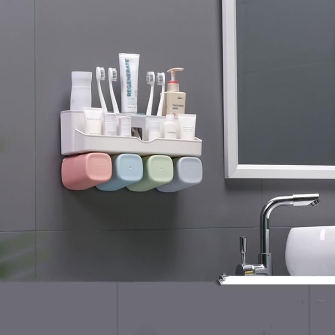 Toothbrush Rack Wall Mounted Toothbrush Holder No Punch Bathroom Shaver Storage Rack with Mouthwash Cup, Toothpaste Squeezer Kit Bathroom Toothbrush Holder(B)