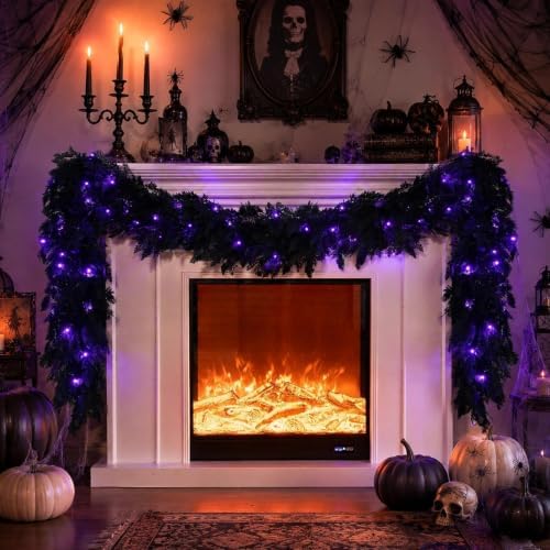 Pre-Lit Halloween Garland 9FT Decorations Black Real Touch Cedar Cypress Pine Plant Artificial Halloween Garland with Lights for Mantle, Fireplace, Table, Stairs, Door, Indoor Outdoor Decorations