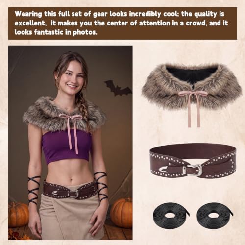 Janmercy 9 Pcs Halloween Viking Costume for Couple, Faux Fur Accessories
