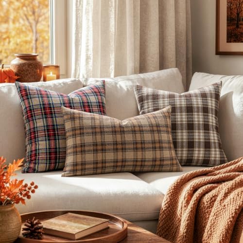 MIULEE Fall Plaid Pillow Covers Scottish Tartan 18x18 Khaki