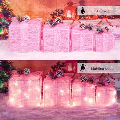 Set of 4 Christmas Lighted Gift Boxes, Pink Present Holiday Decor