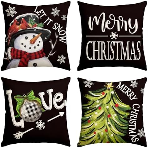 AVOIN colorlife Merry Christmas Let It Snow Love Snowman Black Throw Pillow Covers, 20 x 20 Inch Xmas Tree Holiday Cushion Case Decoration for Sofa Couch Set of 4