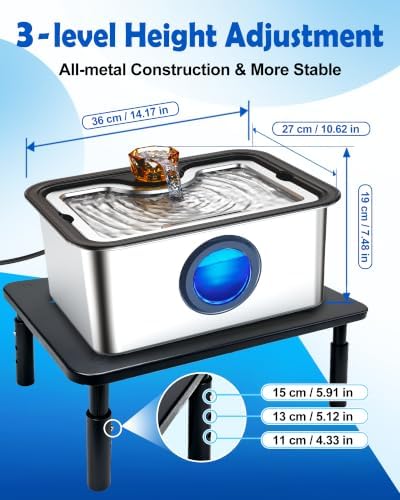 Large Elevated Dog Water Fountain SS304,12L Ultra-Purification Pet Drinking Dispenser with Visual Window and Raised Table,Deep Purification Filter,Upgrade Pump,Triple Waterfall Structure