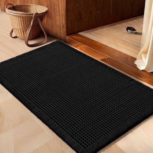 IM HOME Waffle Bath Mat Black 24"x17", Boho Woven Modern Bath Mat Rugs, Absorbent Non Slip Bathroom Rugs, Soft Washable Bath Rugs with Tassels for Bathroom, Bedroom, Kitchen, Shower, Tub